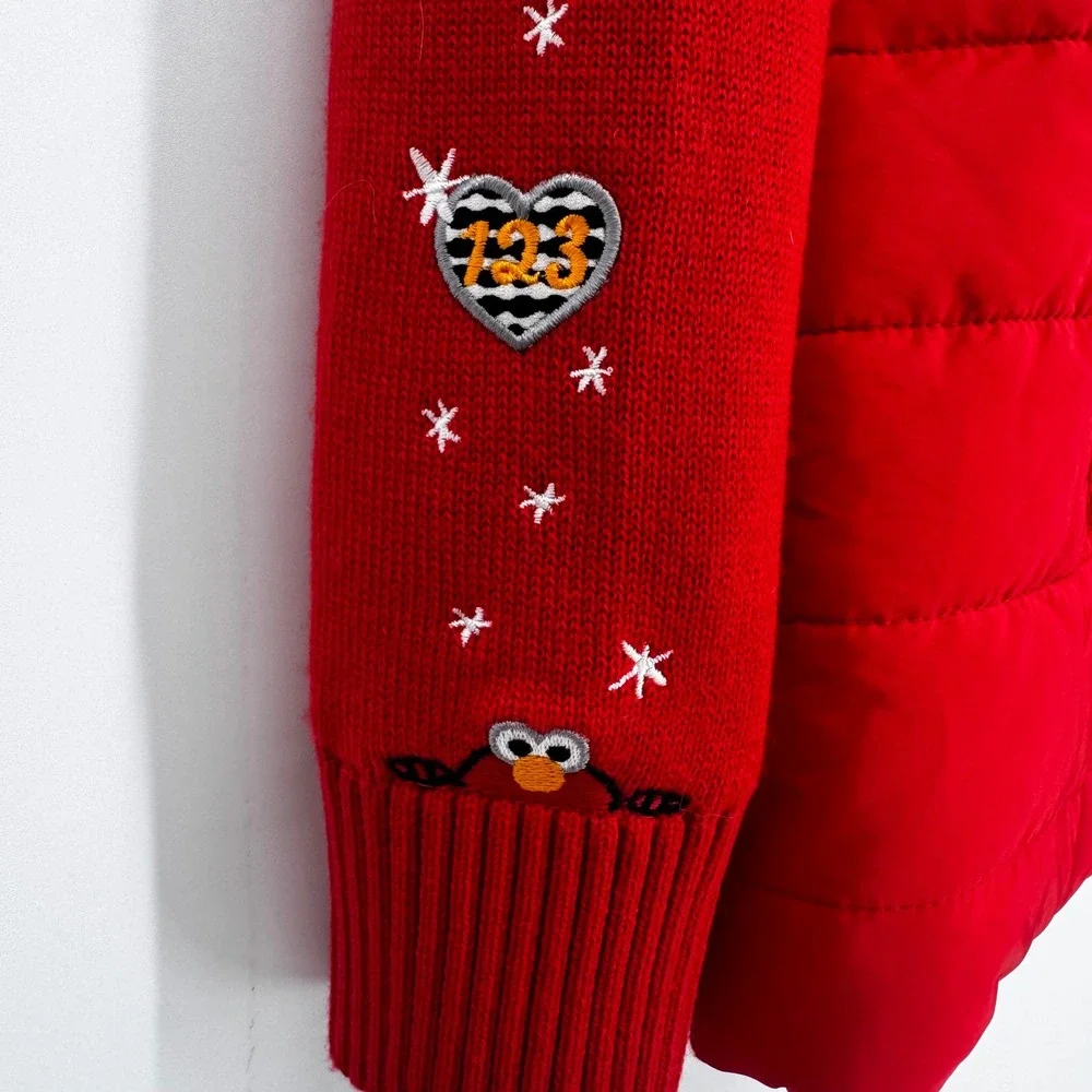 Sesame Street Elmo Puffer Sweater Jacket Kids 90 Red Hybrid Zip Up Kidcore